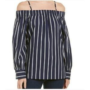 J.O.A. Top Womens‎ Small Blue White Off Shoulder Striped 100% Cotton Long Sleeve